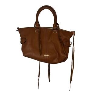 Rebecca Minkoff Micro Moto Satchel Bag Brown Pebble Leather Fringe Gold Zipper